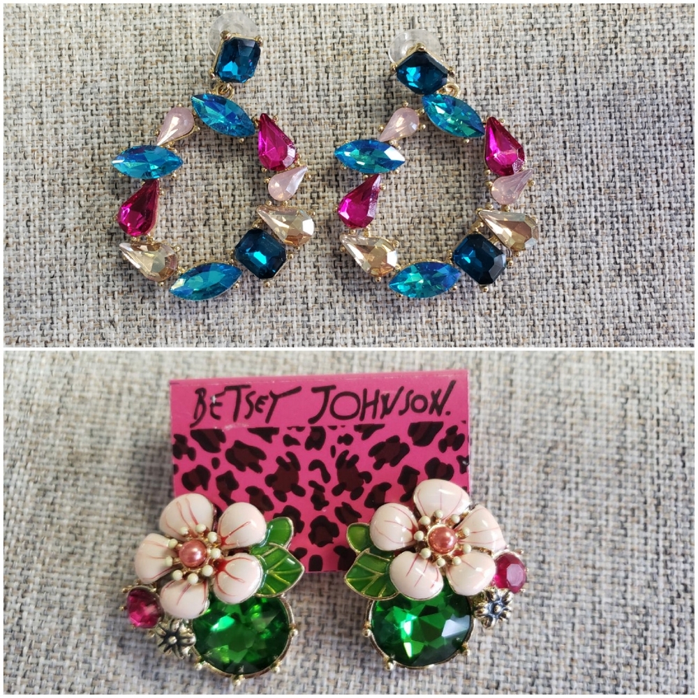 Statement Earrings, 1 pair Crystal Hoops, 1 pair Betsey Johnson Floral Studs.